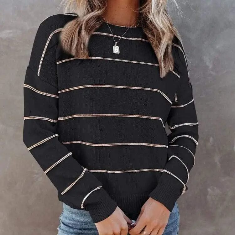LOVEMI  Sweaters Black / S Lovemi -  New Women Round Neck Striped Long Sleeve Pullover Loose