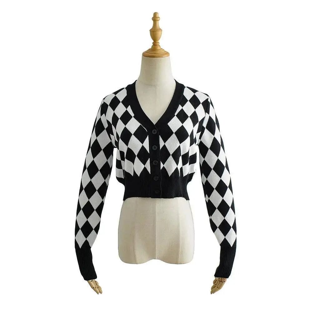 LOVEMI Sweaters Black white / S Lovemi -  V-neck Black And White Diamond Single-breasted Long-sleeved