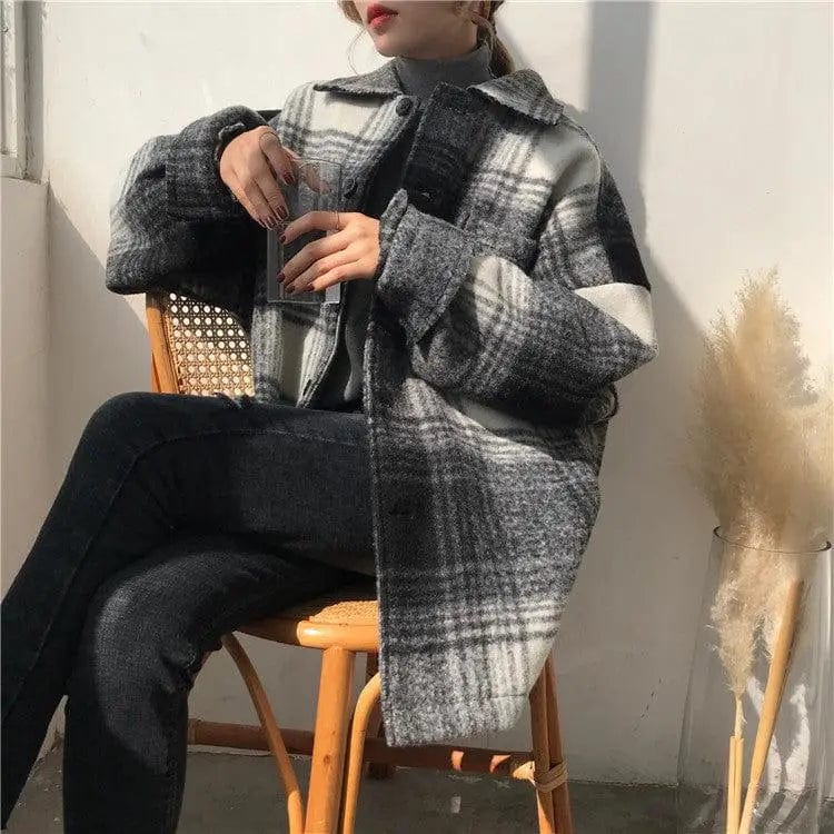 LOVEMI  Sweaters Blackandwhite / S Lovemi -  Harajuku Style Women's Mid-length Loose Plaid Woolen Coat