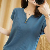 LOVEMI Sweaters Blue / S Lovemi -  Knitted Three-button Half-sleeved Pullover Short-sleeved