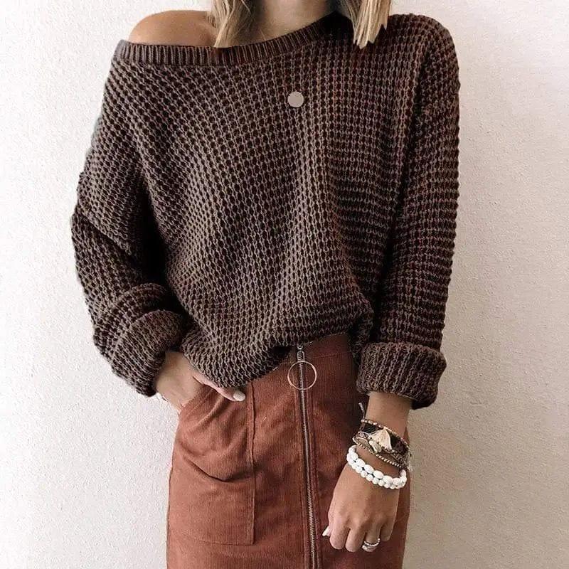 LOVEMI - Solid Color Loose Slant Collar Short Top Long Sleeve Knitted