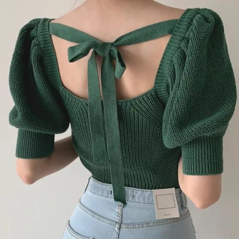 LOVEMI - Sexy Hollow Halter Strap Carefully Slim Puff Sleeve Sweater