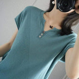 LOVEMI Sweaters Green / S Lovemi -  Knitted Three-button Half-sleeved Pullover Short-sleeved