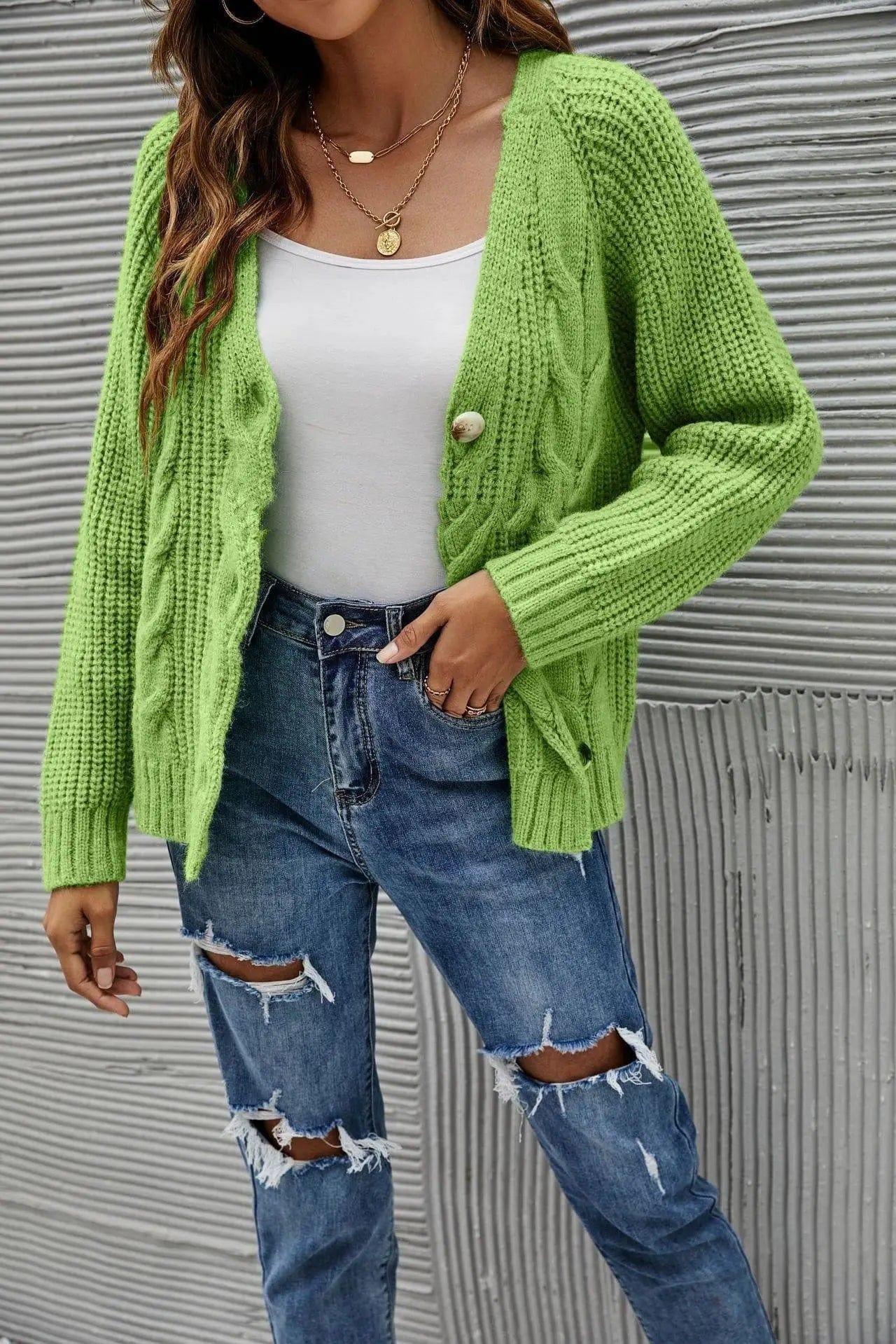 LOVEMI Sweaters Green / S Lovemi -  Large-size Knitted Jacket With Button Twist Decoration