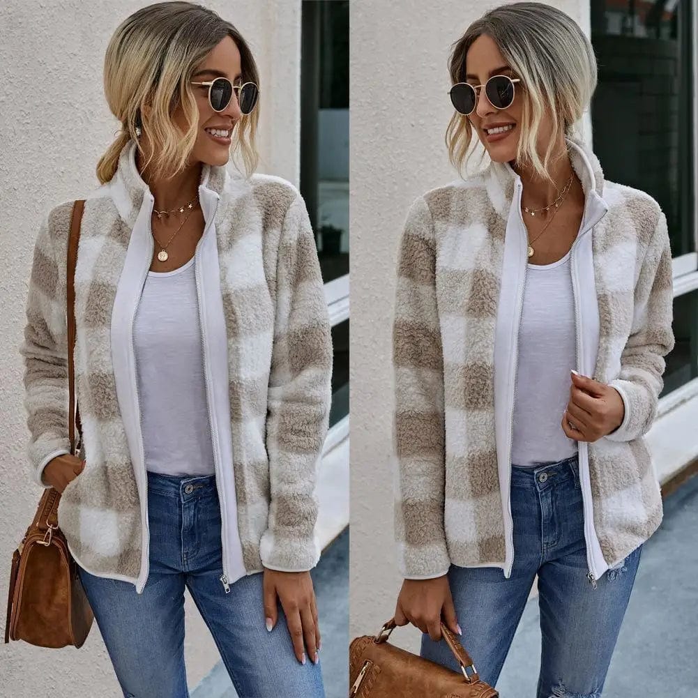 LOVEMI Sweaters Khaki / S Lovemi -  Plaid zipper pocket women plush jacket