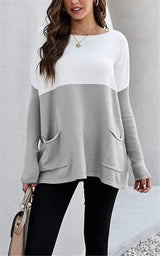 LOVEMI Sweaters Light Grey / S Lovemi -  Loose Knit Long Sleeve Sweater Color Blocking Pocket
