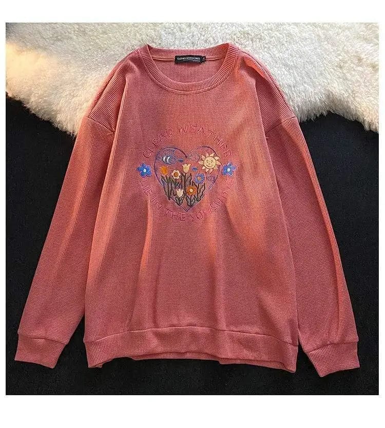 LOVEMI Sweaters Lovemi -  Female Plant Embroidery Round Neck Pullover Waffle Autumn