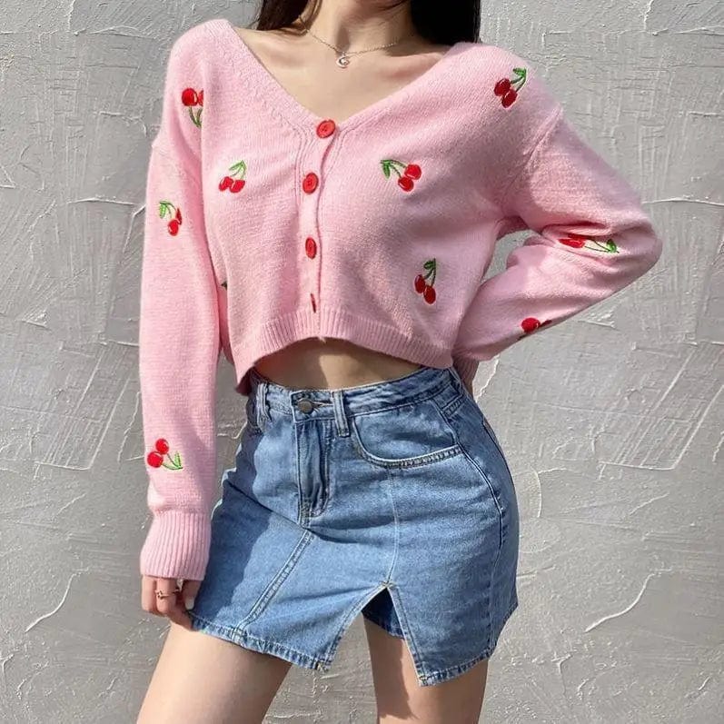 LOVEMI Sweaters Lovemi -  Knit Sweater Women Cherry Embroidery All-match V-neck