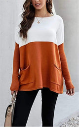 LOVEMI Sweaters Orange / S Lovemi -  Loose Knit Long Sleeve Sweater Color Blocking Pocket