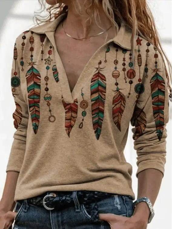 LOVEMI  Sweaters Photo color / L Lovemi -  Retro long-sleeved printed V-neck shirt sweater