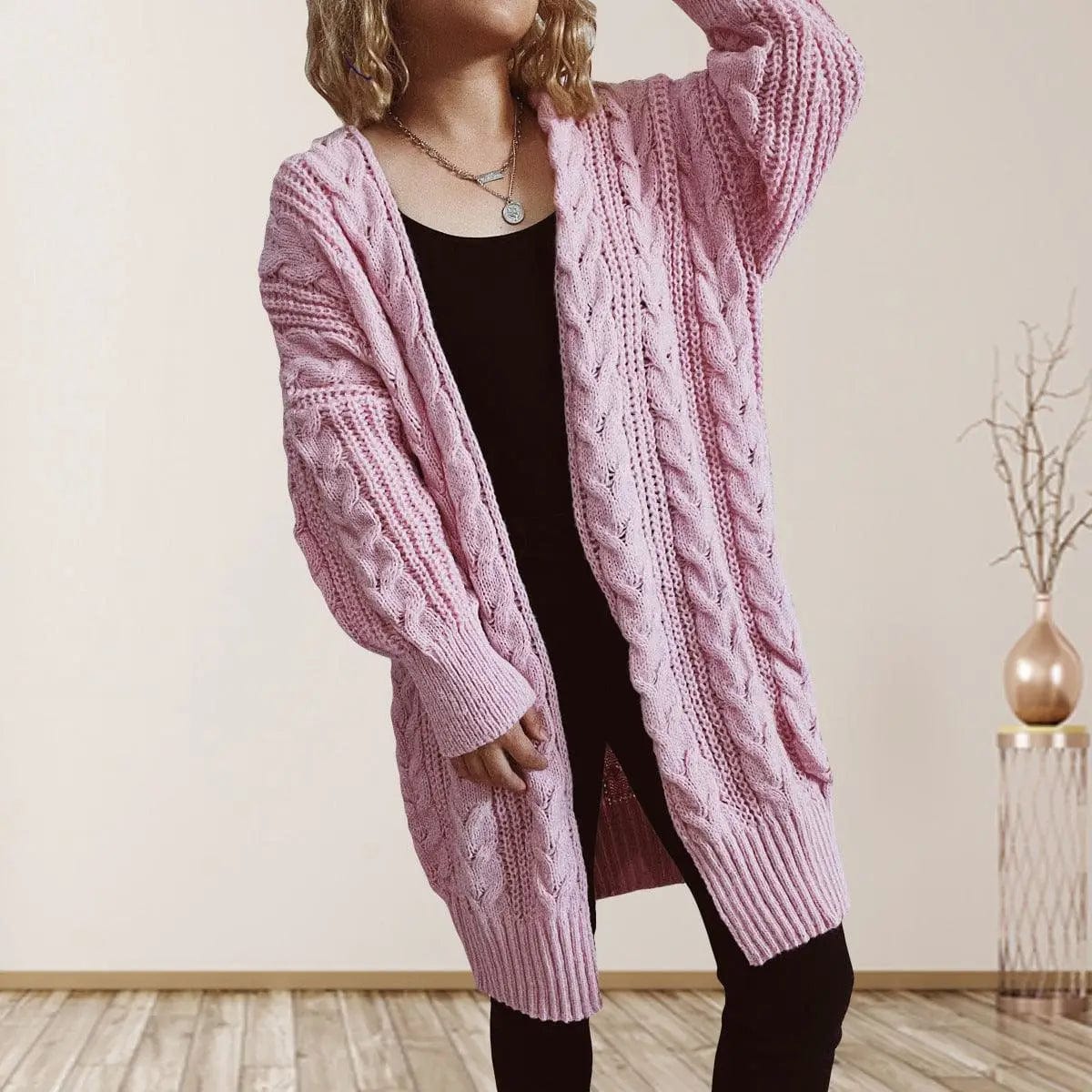 LOVEMI  Sweaters Pink / S Lovemi -  Hemp Flower Shoulder Sleeve Long Sweater Coat Women