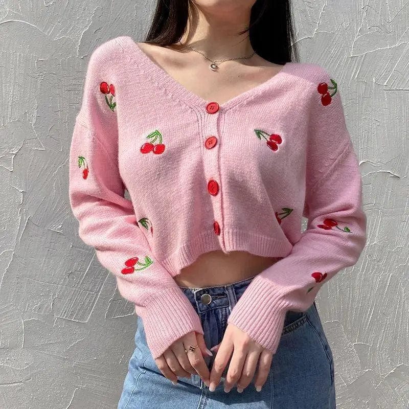 LOVEMI Sweaters Pink / S Lovemi -  Knit Sweater Women Cherry Embroidery All-match V-neck