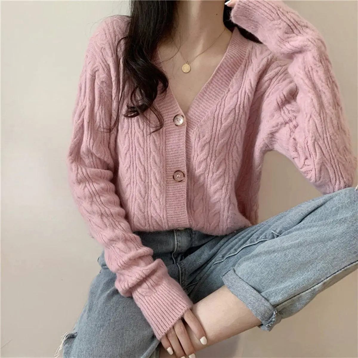 LOVEMI Sweaters Pink / S Lovemi -  Loose Short White Twist Sweater Coat
