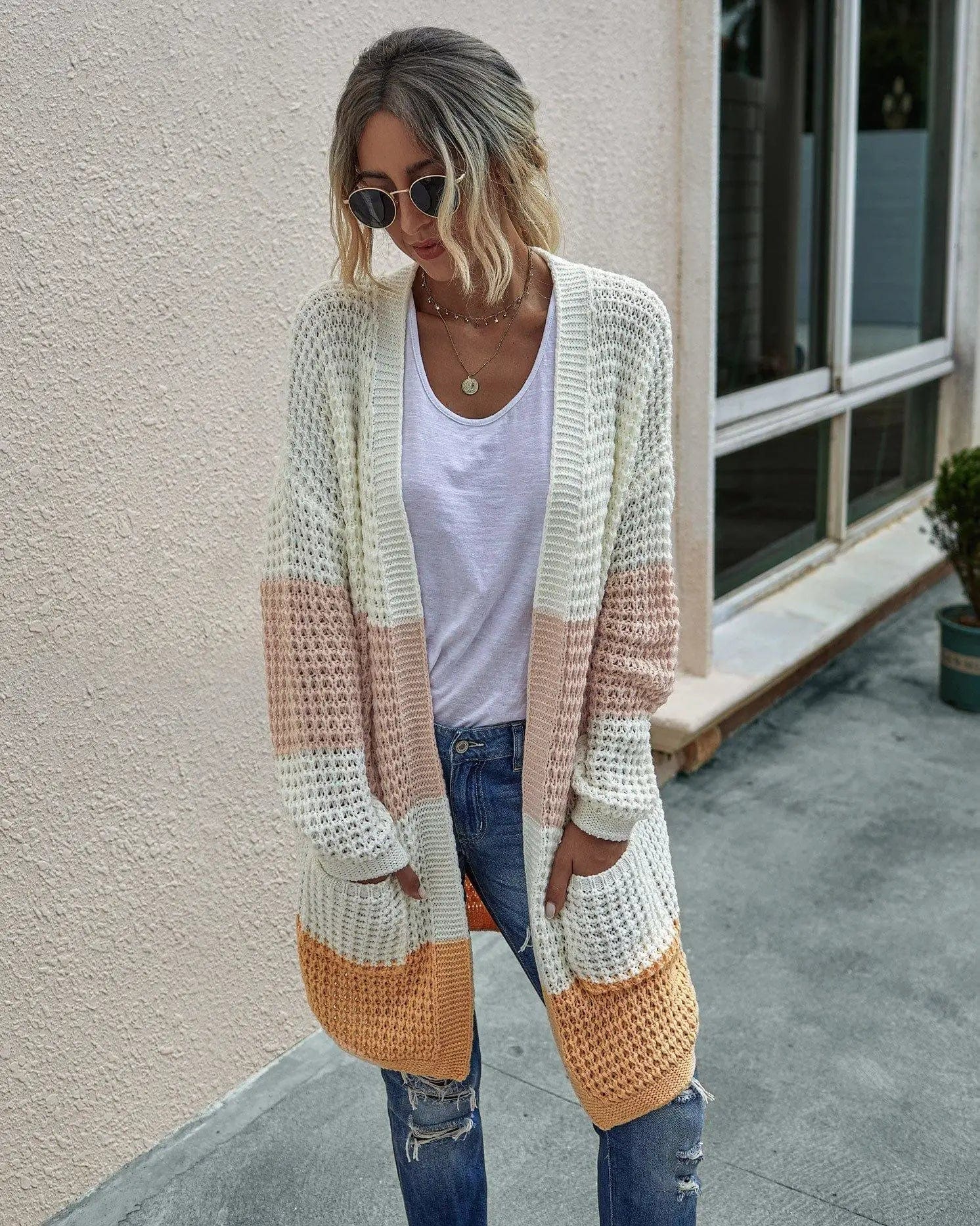 LOVEMI Sweaters Pink White / S Lovemi -  Knit long cardigan contrast color coat