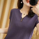 LOVEMI Sweaters Purple / S Lovemi -  Knitted Three-button Half-sleeved Pullover Short-sleeved