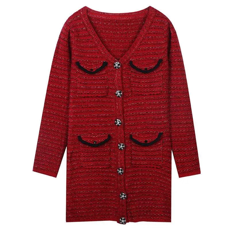 LOVEMI  Sweaters Red / L Lovemi -  Long Sleeve V-Neck Gold Stripe Slim Mid-Length Red Knit