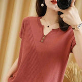 LOVEMI Sweaters Red / S Lovemi -  Knitted Three-button Half-sleeved Pullover Short-sleeved