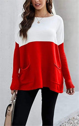 LOVEMI Sweaters Red / S Lovemi -  Loose Knit Long Sleeve Sweater Color Blocking Pocket