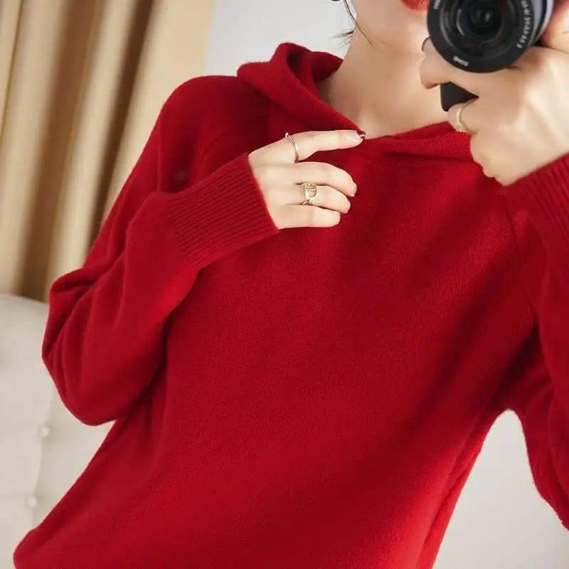 LOVEMI Sweaters Red / S Lovemi -  Wool Sweater Women's Hooded Pullover Long-sleeved Knitted
