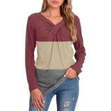 LOVEMI Sweaters Red wine / S Lovemi -  Women's New V-neck Long-sleeved Stitching T-shirt Top