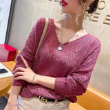 LOVEMI Sweaters Rose Red / One size Lovemi -  V-neck Crochet Hollow Knit Sweater Blouse Women's