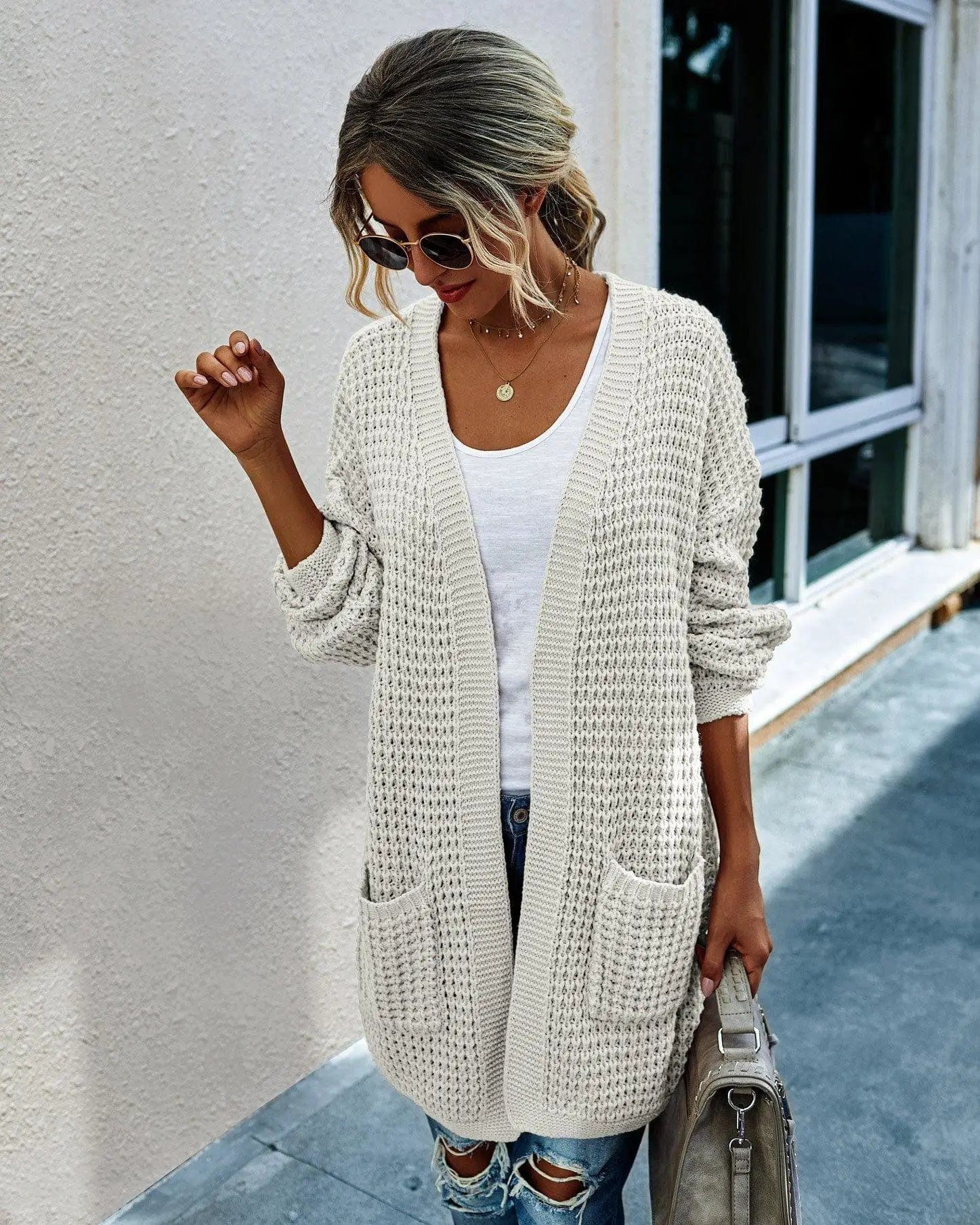 LOVEMI Sweaters White / XL Lovemi -  Knit long cardigan contrast color coat