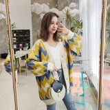 LOVEMI Sweaters Yellow / One size Lovemi -  Loose rhombus contrast knit cardigan