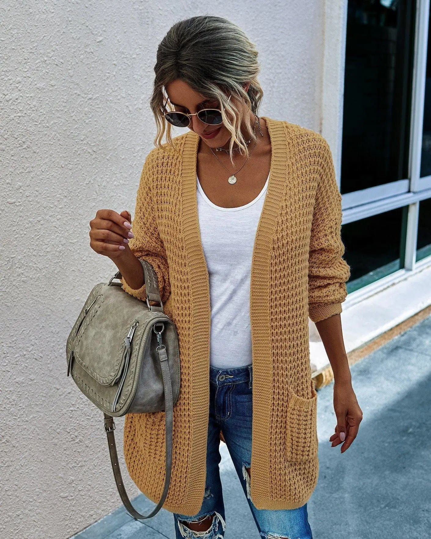 LOVEMI Sweaters Yellow / S Lovemi -  Knit long cardigan contrast color coat