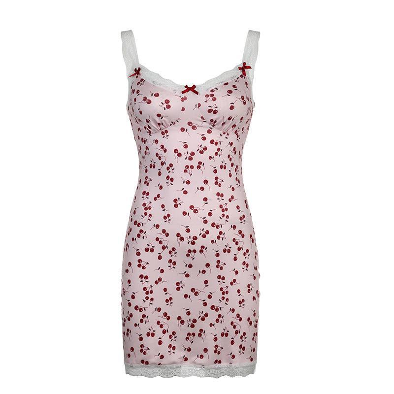 Sweet Girlish Cherry Print Lace Splicing Sling Dress-Pink-6