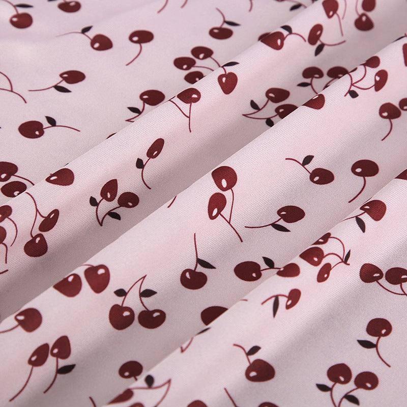 Sweet Girlish Cherry Print Lace Splicing Sling Dress-8