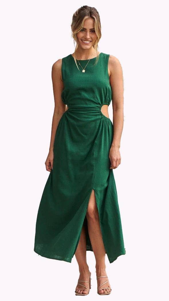 Sweet Style Solid Color Waist Tight Round Neck Dress-10