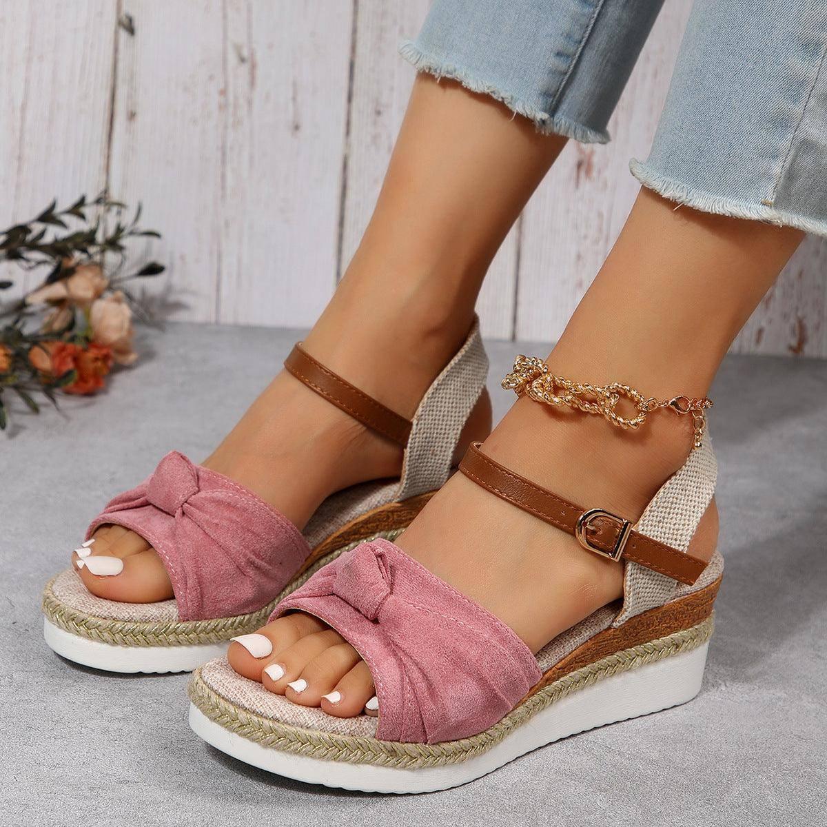 Thick-Soled Bow Sandals-Pink-11