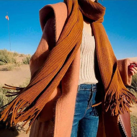 Thickened Warm Long Solid Color Tassel Knitted Wool Scarf-Caramel-2