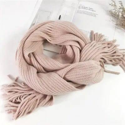 Thickened Warm Long Solid Color Tassel Knitted Wool Scarf-Pink-3