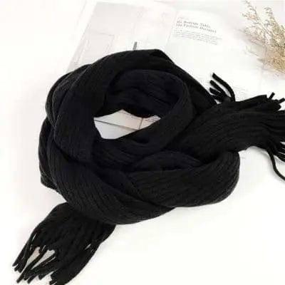 Thickened Warm Long Solid Color Tassel Knitted Wool Scarf-Black-4