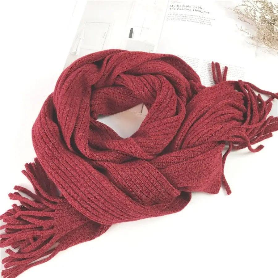 Thickened Warm Long Solid Color Tassel Knitted Wool Scarf-Wine Red-6