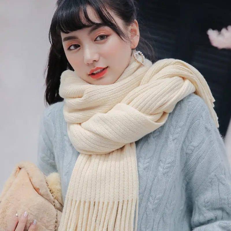 Thickened Warm Long Solid Color Tassel Knitted Wool Scarf-Beige-7