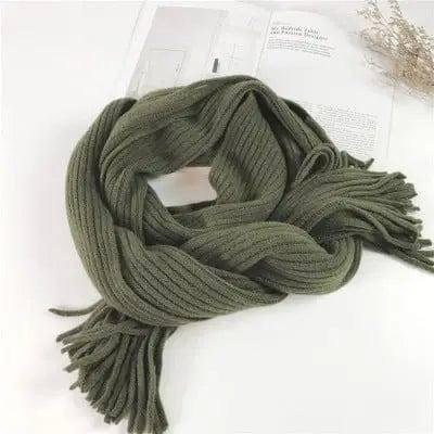 Thickened Warm Long Solid Color Tassel Knitted Wool Scarf-Army green-8