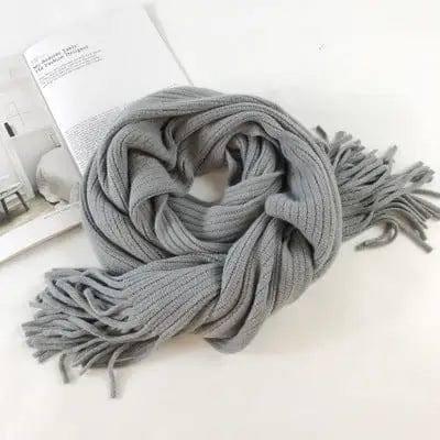 Thickened Warm Long Solid Color Tassel Knitted Wool Scarf-Grey-9