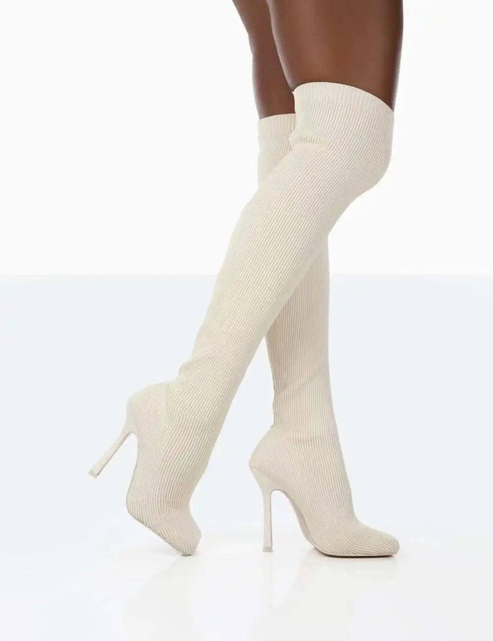 Thigh High Boots Women Over The Knee Long Boots Fashion-Off white-3