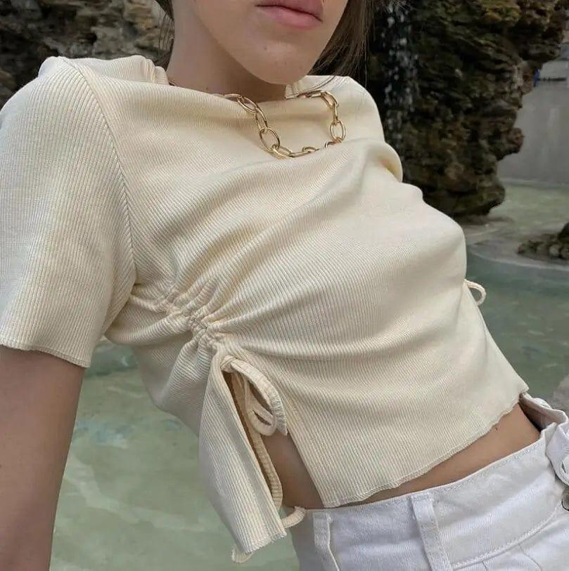 LOVEMI top Apricot / S Lovemi -  Summer Sexy Short Threaded Slit Drawstring T-shirt