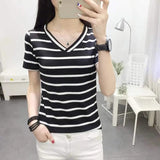 LOVEMI top Black / M Lovemi -  Women's Black And White Striped V-neck Short-sleeved T-shirt