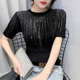LOVEMI top Black / One size Lovemi -  Letter Hot Rhinestone Short-sleeved Thin Knit Sweater Women