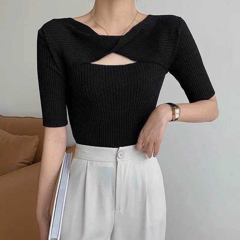LOVEMI top Black / One size Lovemi -  Women's Knitted Short-sleeved T-shirt On Both Sides