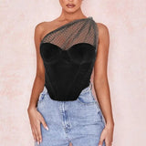 LOVEMI top Black / S Lovemi -  Fashion Halter One-shoulder Mesh Polka Dot Corset Cropped