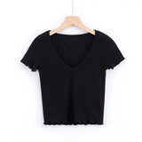 LOVEMI top Black / S Lovemi -  V-neck Short T-shirt With Wood Ears Simple Solid Color