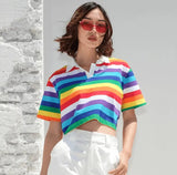 LOVEMI top Color / L Lovemi -  Half-high collar lapel rainbow navel short-sleeved t-shirt