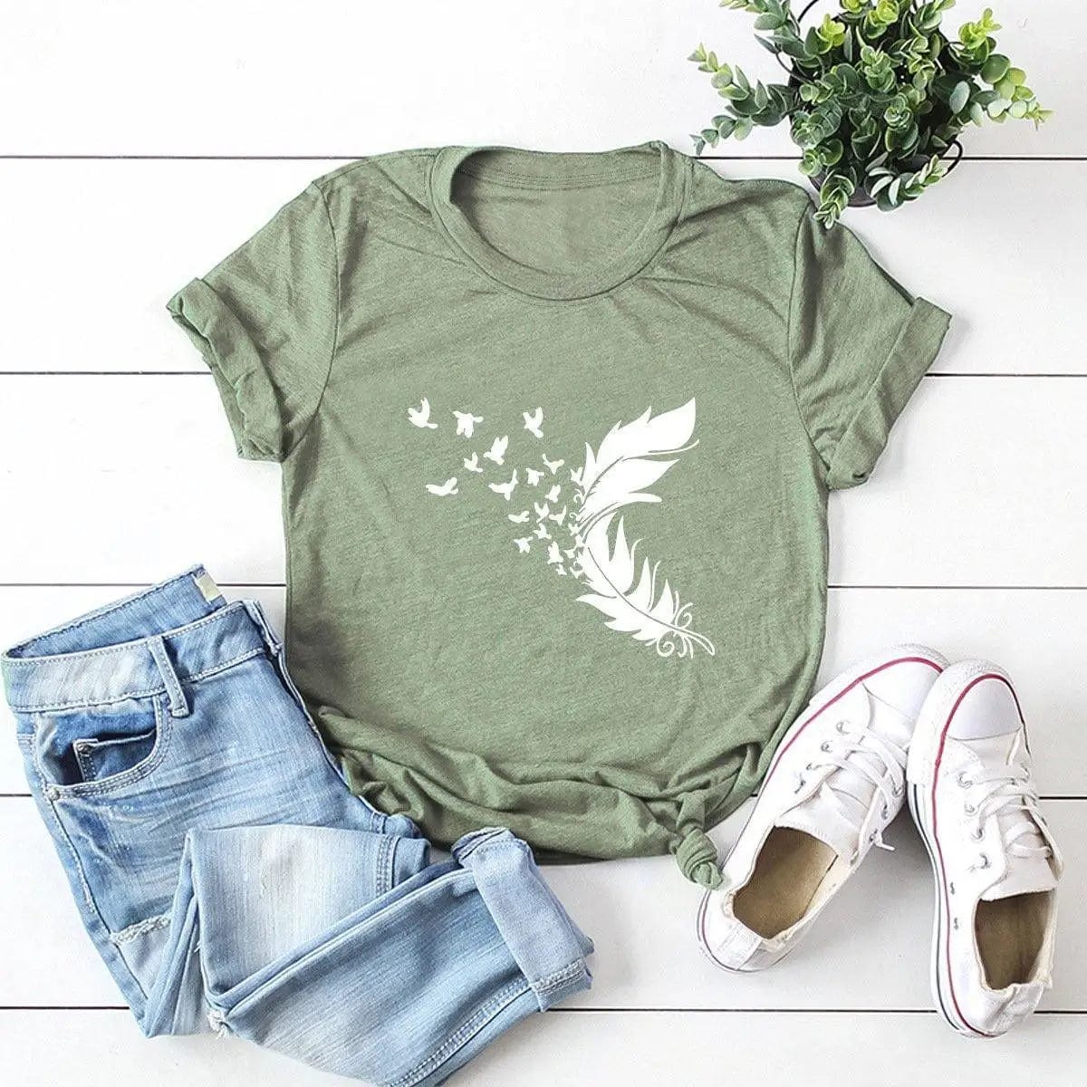 LOVEMI top Green / L Lovemi -  Summer Plus Size Women Clothing New Feather Print T-Shirt