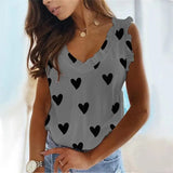 LOVEMI  top Grey / S Lovemi -  Heart Print V-Neck Ruffled Pleated T-Shirt Top