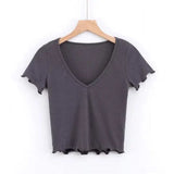 LOVEMI top Grey / S Lovemi -  V-neck Short T-shirt With Wood Ears Simple Solid Color